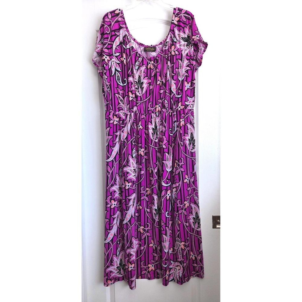 Bob Mackie Wearable Art Purple Floral Scoop Neck Slinky Midi Dress Sz XLP VTG